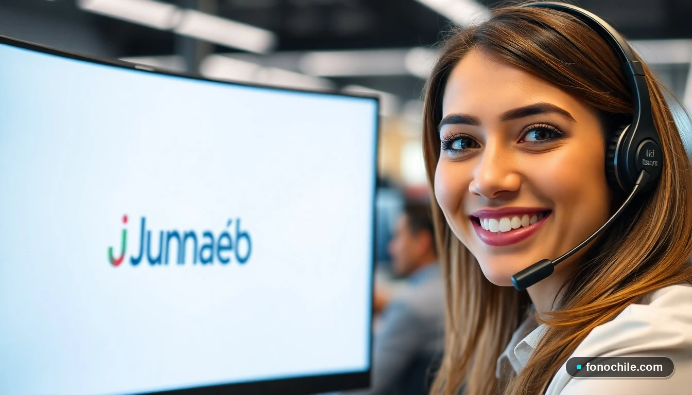 Agente de atención al cliente de Junaeb Chile respondiendo consultas por teléfono