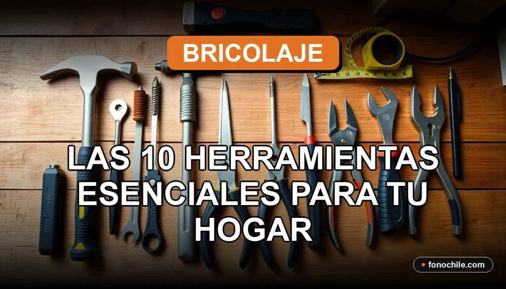 Kit básico de herramientas de bricolaje para el hogar en Chile, organizado sobre una mesa de trabajo de madera.