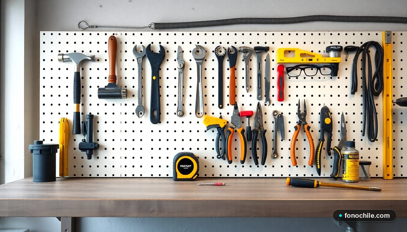 Kit básico de herramientas de bricolaje organizado en un taller doméstico