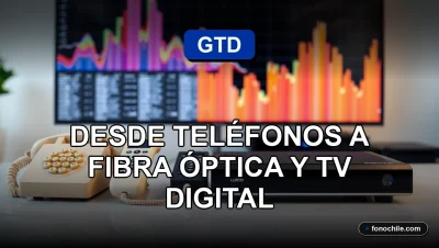 Evolución tecnológica de GTD en Chile desde teléfonos antiguos hasta fibra óptica y TV digital, mostrada en un escritorio moderno.