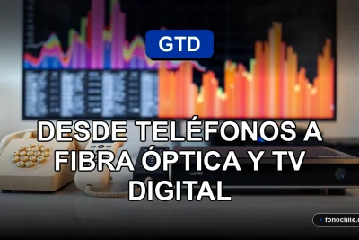 Evolución tecnológica de GTD en Chile desde teléfonos antiguos hasta fibra óptica y TV digital, mostrada en un escritorio moderno.