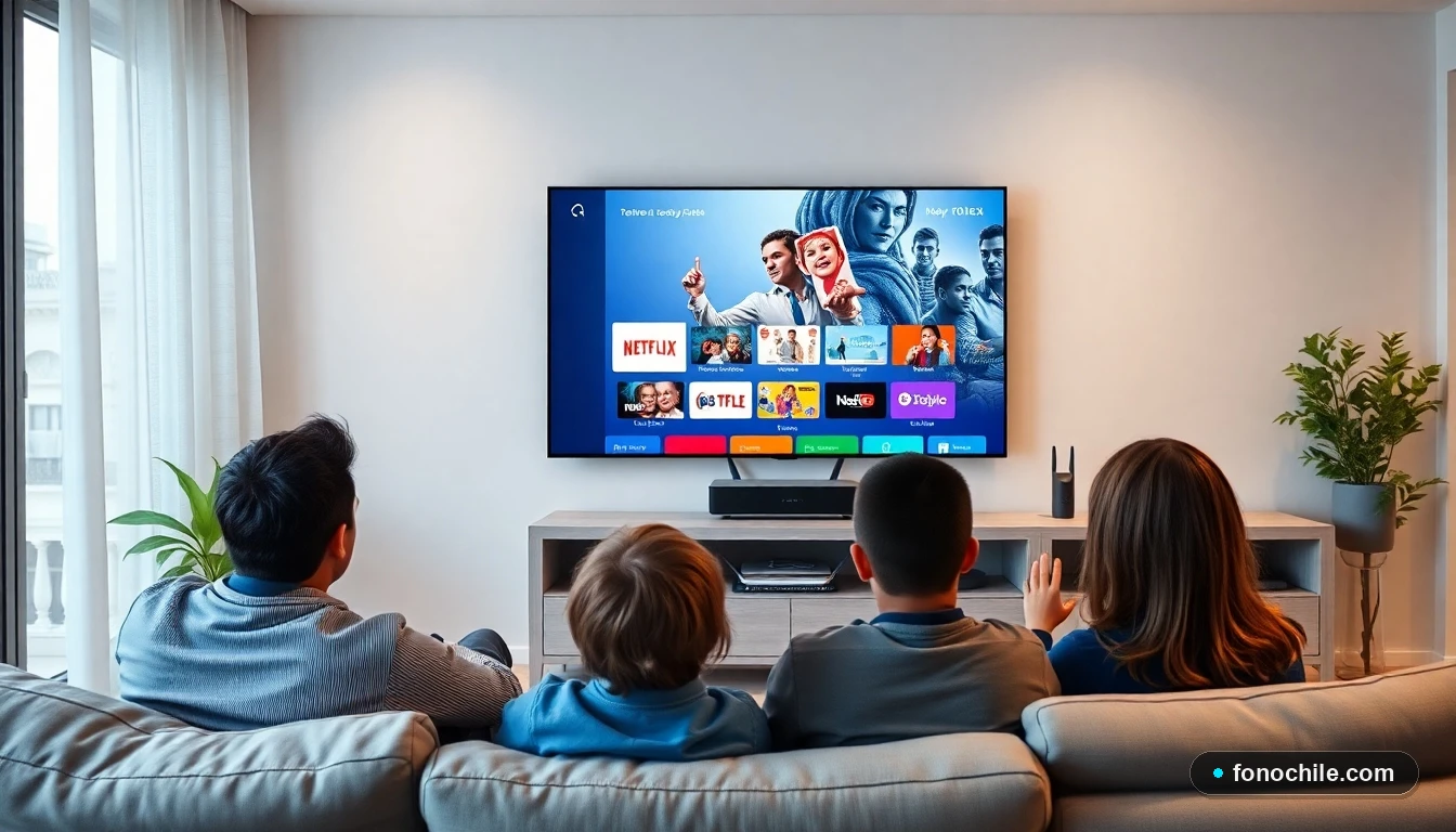 Familia chilena disfrutando del servicio Max en su televisor con plan Claro Hogar.