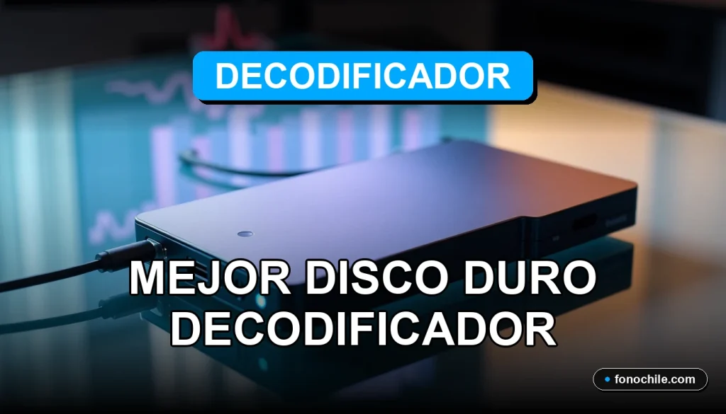 Disco duro externo para decodificador de TV, mostrando gráficos abstractos en pantalla, sobre escritorio moderno.