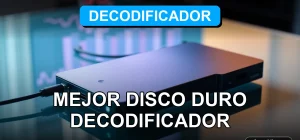 Disco duro externo para decodificador de TV, mostrando gráficos abstractos en pantalla, sobre escritorio moderno.