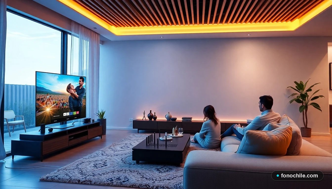 Familia en Chile disfrutando de streaming en TV con una conexión de fibra óptica rápida y estable en el living de su casa.