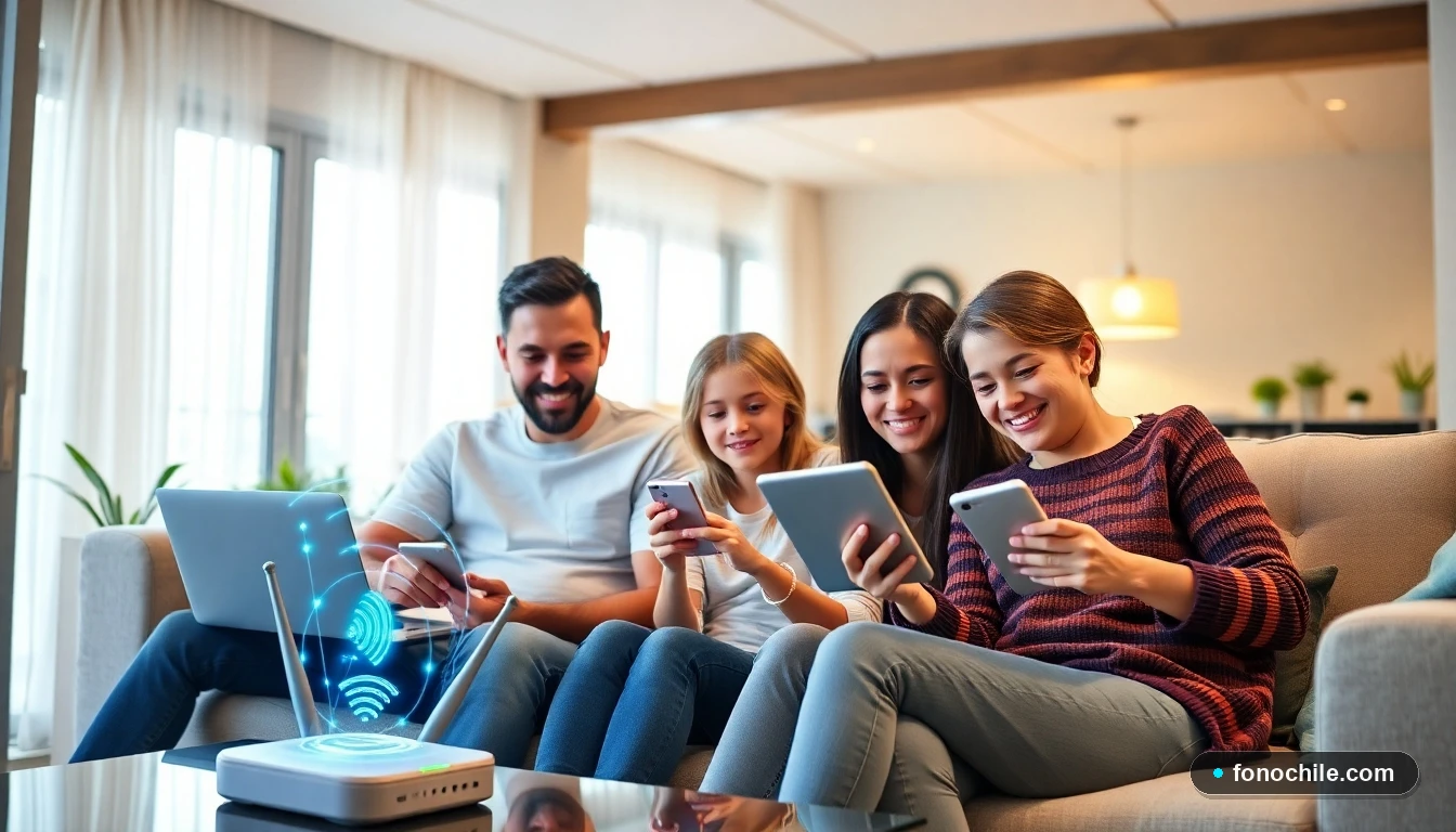 Familia chilena disfrutando de una conexión estable de fibra óptica en su hogar moderno