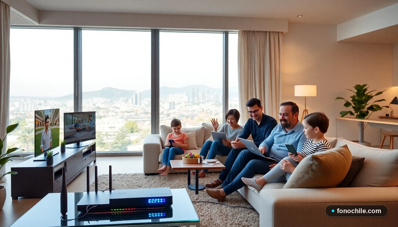 Familia chilena disfrutando de una conexión a internet de fibra óptica estable y rápida en su hogar.