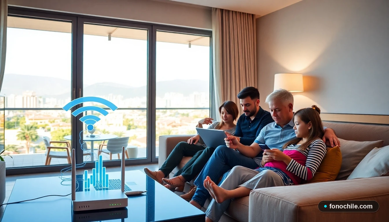 Familia chilena disfrutando de una conexión a internet de alta velocidad en su hogar con múltiples dispositivos conectados.