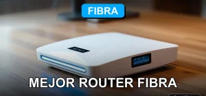 Router de fibra óptica moderna sobre escritorio de madera con luces LED azules y gráficos abstractos en pantalla.