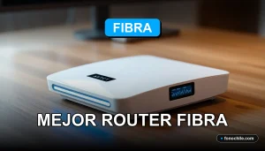 Router de fibra óptica moderna sobre escritorio de madera con luces LED azules y gráficos abstractos en pantalla.