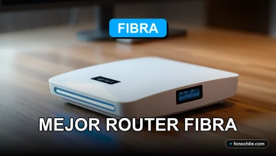 Router de fibra óptica moderna sobre escritorio de madera con luces LED azules y gráficos abstractos en pantalla.