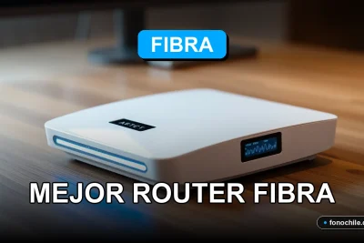 Router de fibra óptica moderna sobre escritorio de madera con luces LED azules y gráficos abstractos en pantalla.