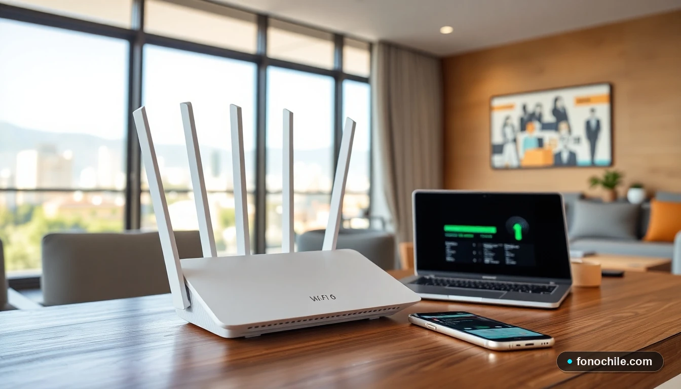 Router Wi-Fi 6 moderno para fibra óptica en un hogar chileno, mostrando conexión estable y alta velocidad.