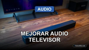 Mejorar el sonido de un televisor moderno con una barra de sonido en una mesa de madera