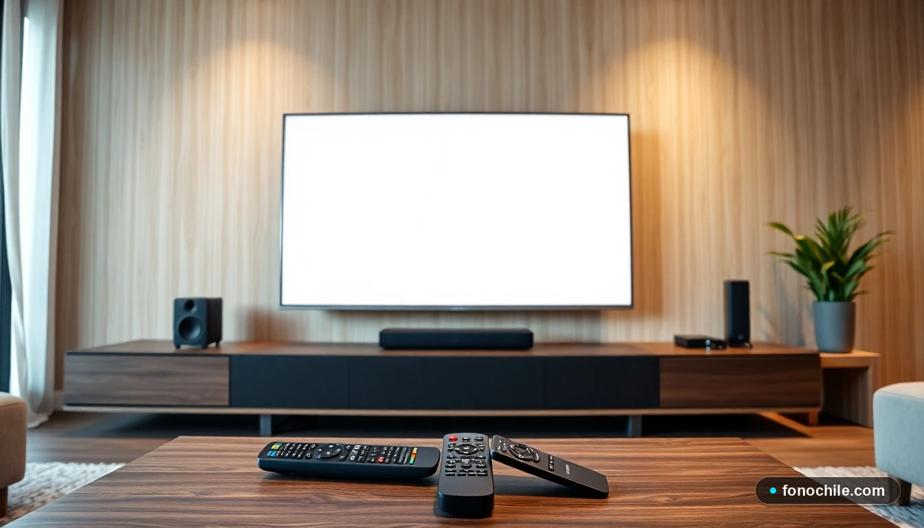 Mejorar el audio del televisor con una soundbar y el control remoto Telsur URC 2026 en un living moderno