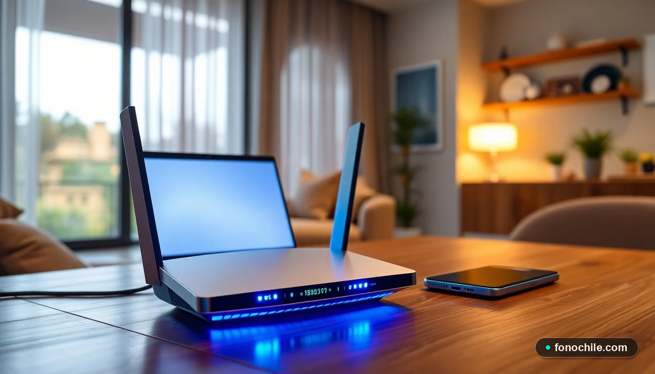 Router WiFi 6 moderno en un hogar chileno, mejorando la conexión a internet para múltiples dispositivos.