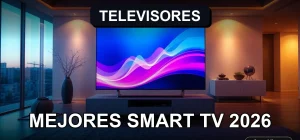 Mejores Smart TV del año 2026 mostrando gráficos abstractos de colores en una pantalla ultra delgada.