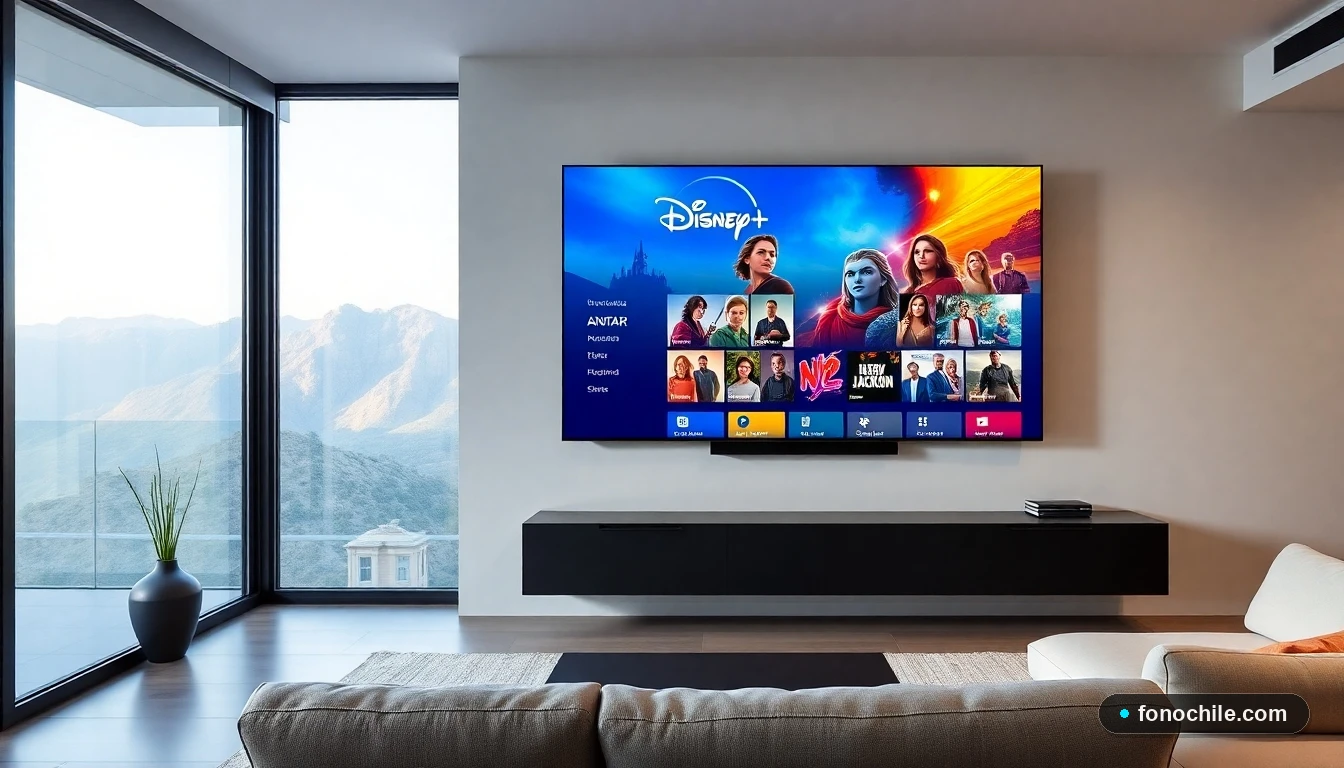 Smart TV moderna en un living chileno mostrando la interfaz de Disney+ con los estrenos del 2026