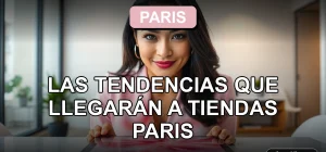 Mujer chilena sonriente observando tendencias de moda 2026 en una tablet, fondo de oficina moderna.
