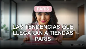 Mujer chilena sonriente observando tendencias de moda 2026 en una tablet, fondo de oficina moderna.