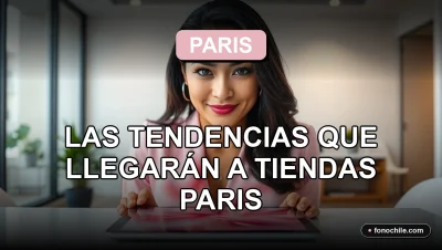 Mujer chilena sonriente observando tendencias de moda 2026 en una tablet, fondo de oficina moderna.