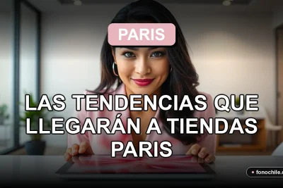 Mujer chilena sonriente observando tendencias de moda 2026 en una tablet, fondo de oficina moderna.
