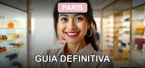 Mujer sonriente revisando ofertas de belleza en la tienda Paris Chile 2026, fondo elegante y minimalista.