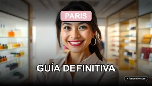 Mujer sonriente revisando ofertas de belleza en la tienda Paris Chile 2026, fondo elegante y minimalista.
