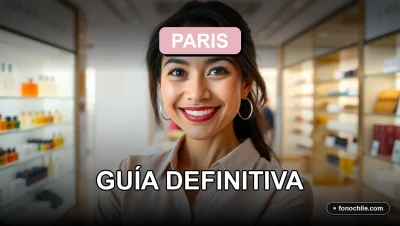 Mujer sonriente revisando ofertas de belleza en la tienda Paris Chile 2026, fondo elegante y minimalista.