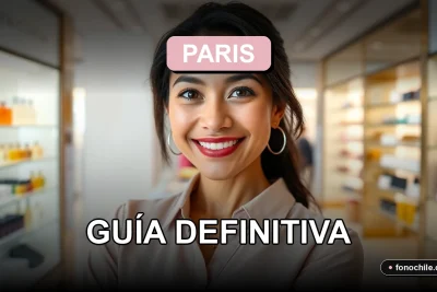 Mujer sonriente revisando ofertas de belleza en la tienda Paris Chile 2026, fondo elegante y minimalista.