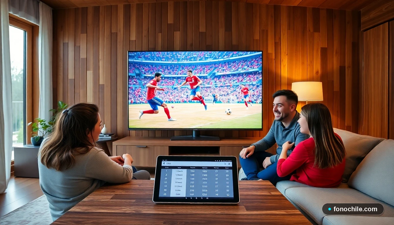Familia chilena en Valdivia disfrutando de un partido de fútbol en su televisor moderno, comparando ofertas de TV.