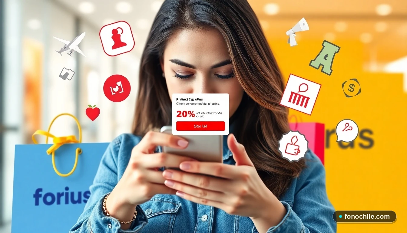 Mujer chilena revisando ofertas exclusivas en su teléfono móvil con productos de moda de fondo