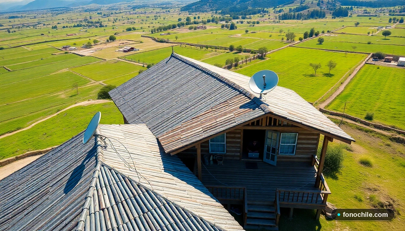 Vivienda rural en Chile con antena satelital para internet, representando las opciones de conexión en el campo.