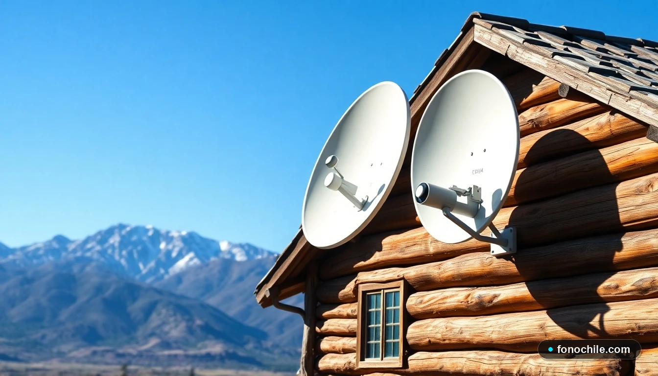 Instalación de antena satelital para internet en una casa rural chilena con montañas de fondo