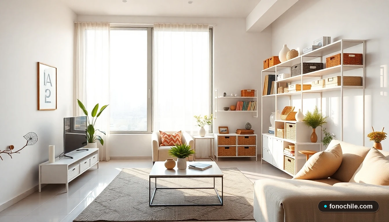 Organización del hogar moderna en departamento chileno con soluciones de almacenaje inteligente y decoración trendy