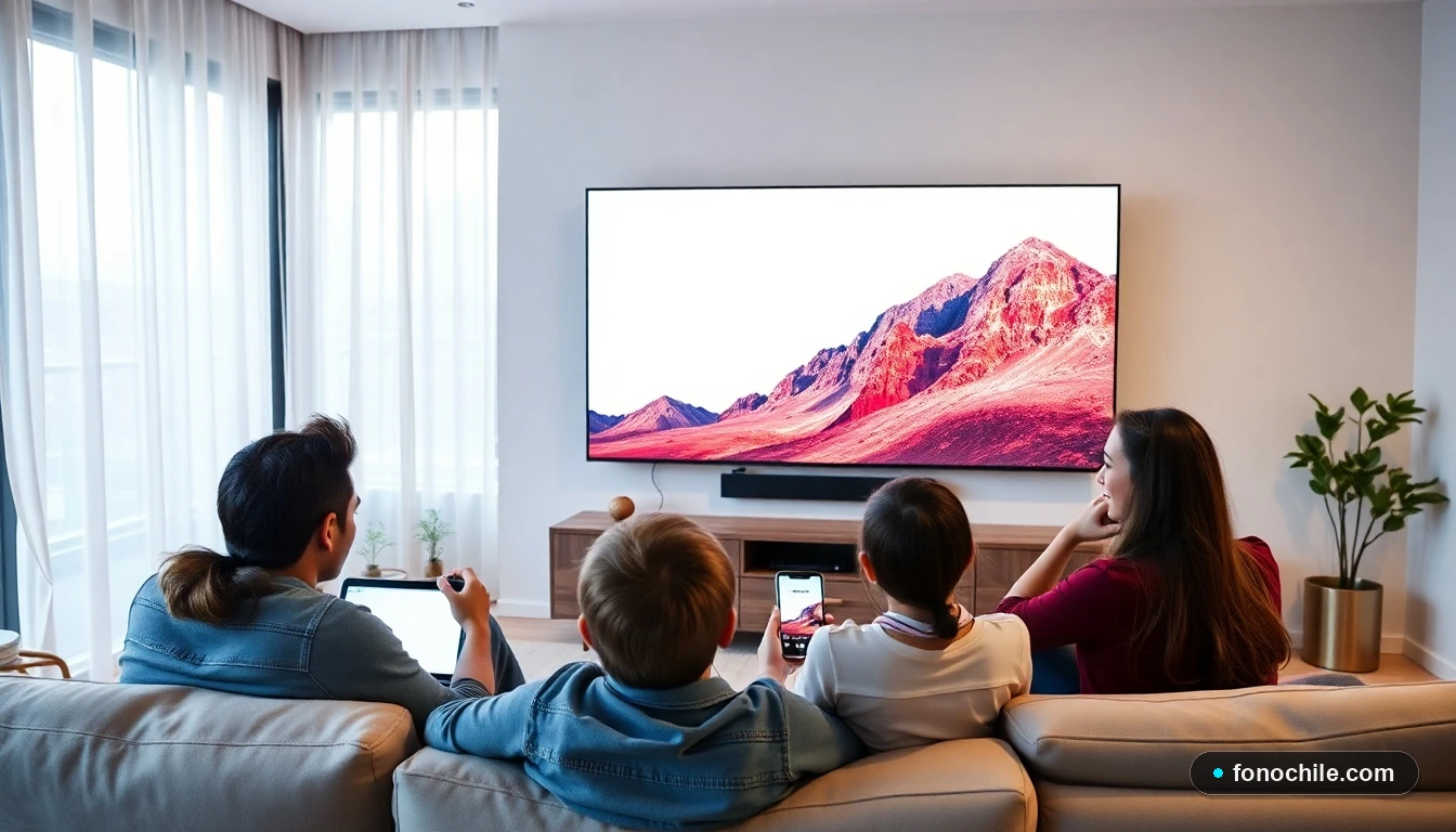 Familia chilena disfrutando de un pack combinado de internet y televisión en su sala de estar moderna.