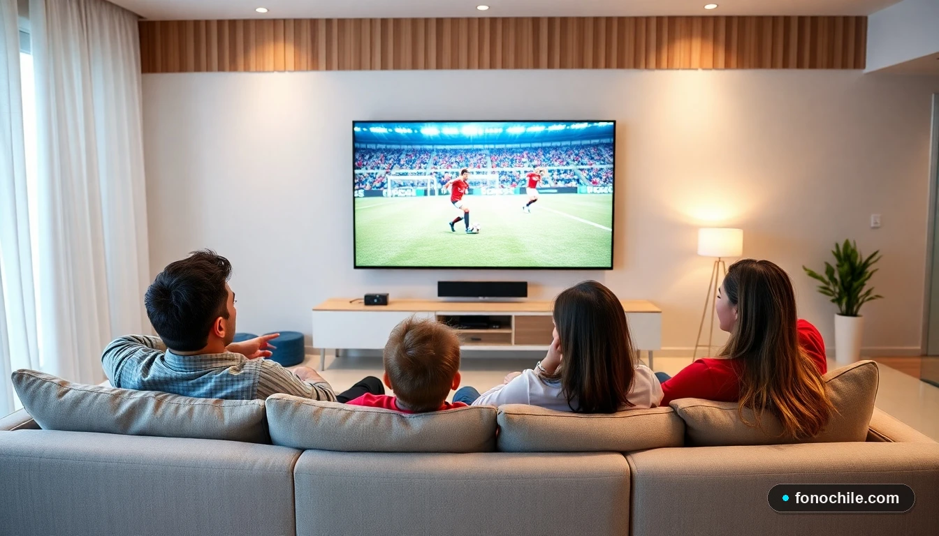 Familia chilena disfrutando de un pack de Internet y Televisión en su hogar moderno