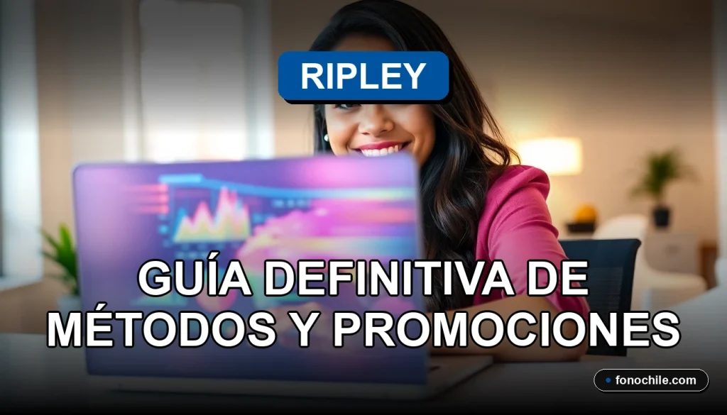 Mujer sonriente revisando métodos de pago de tarjeta Ripley en su laptop, con gráficos abstractos en pantalla.