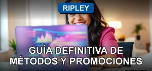 Mujer sonriente revisando métodos de pago de tarjeta Ripley en su laptop, con gráficos abstractos en pantalla.