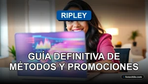 Mujer sonriente revisando métodos de pago de tarjeta Ripley en su laptop, con gráficos abstractos en pantalla.