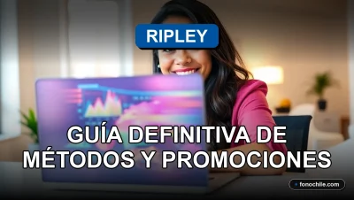 Mujer sonriente revisando métodos de pago de tarjeta Ripley en su laptop, con gráficos abstractos en pantalla.