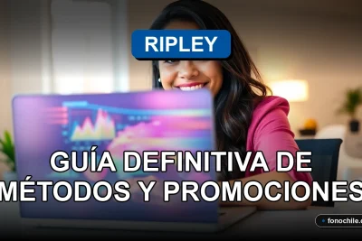 Mujer sonriente revisando métodos de pago de tarjeta Ripley en su laptop, con gráficos abstractos en pantalla.