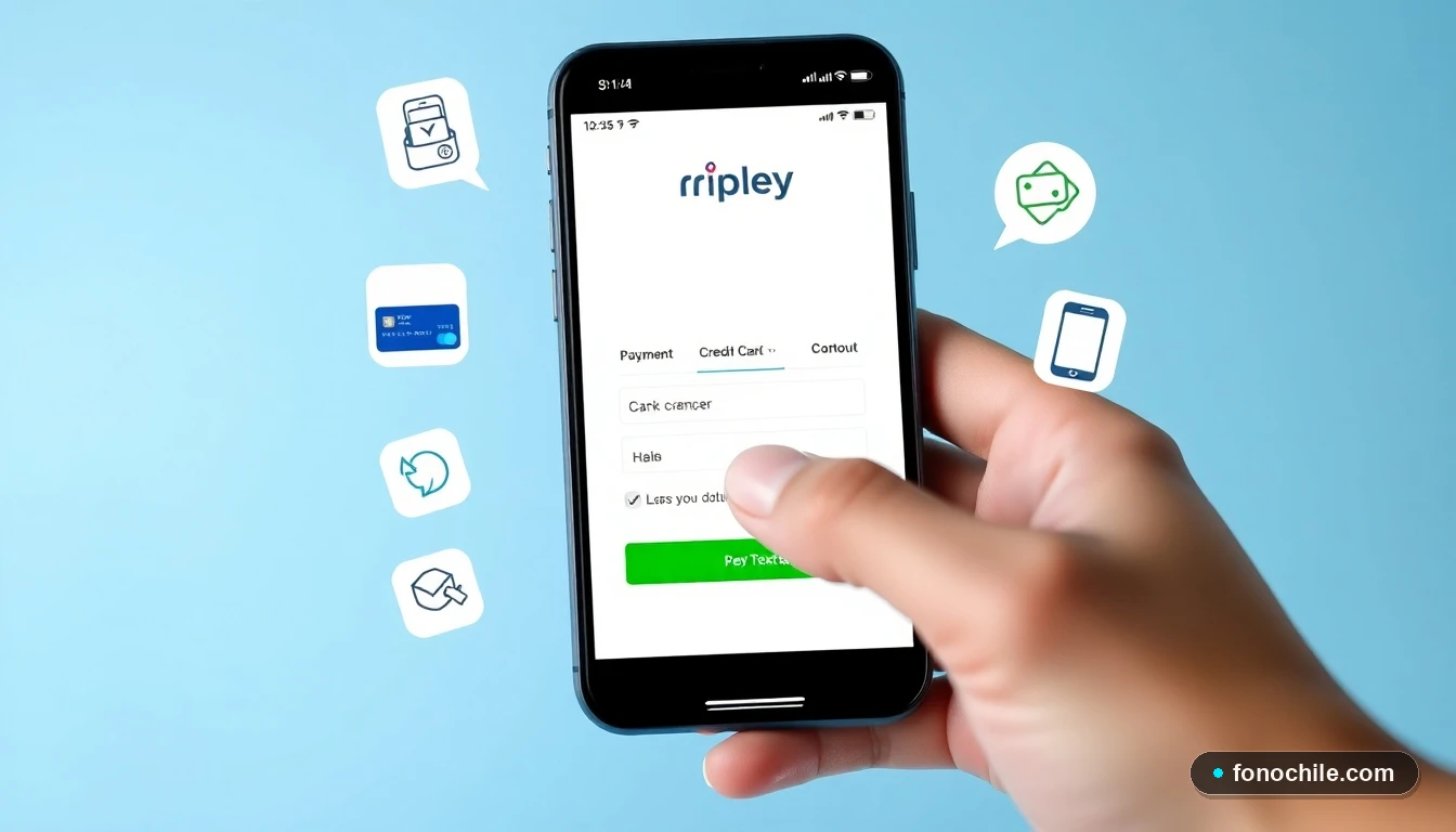Hombre realizando pago de tarjeta de crédito Ripley desde su teléfono móvil en Chile