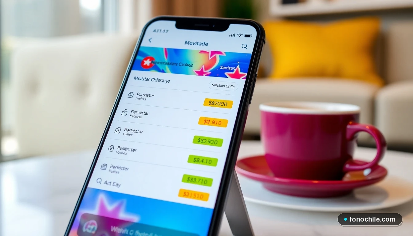 Pantalla de smartphone mostrando la selección de paquetes de datos prepago Movistar en Chile