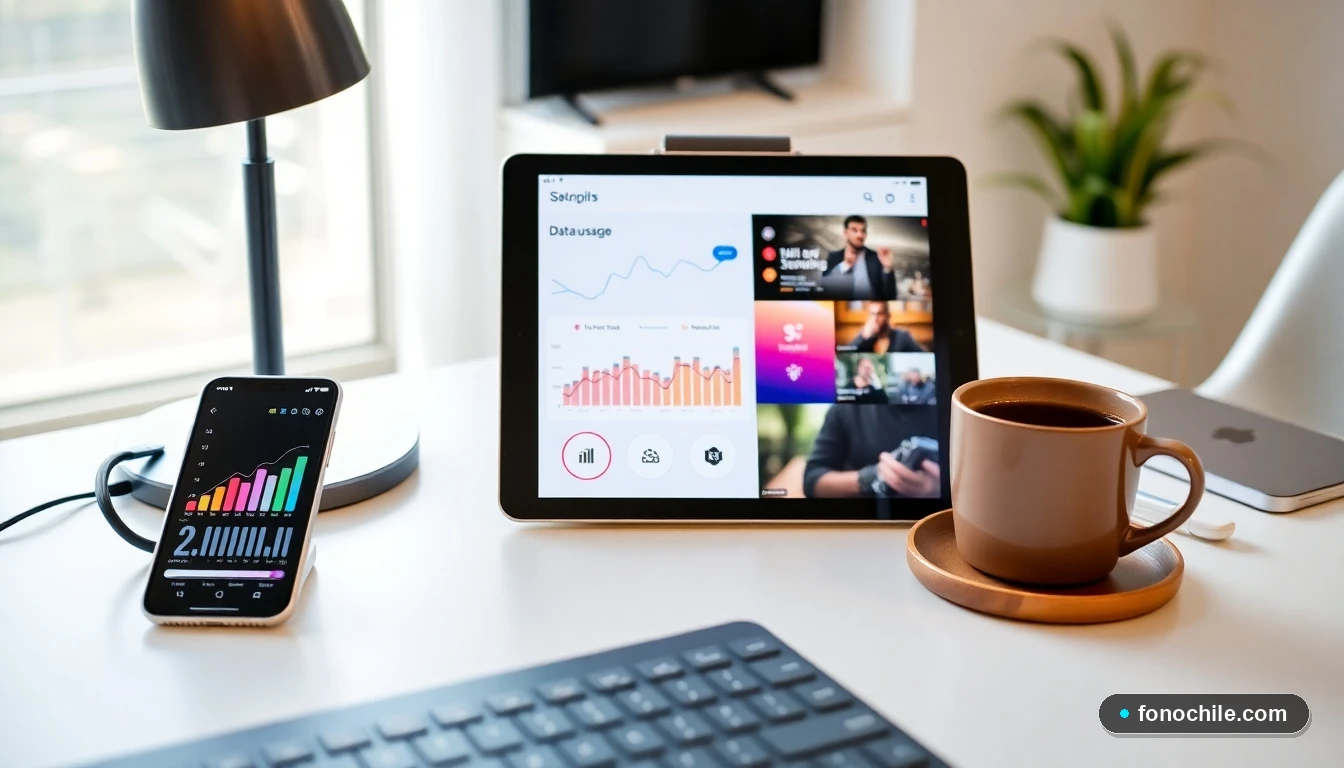 Escritorio moderno con teléfono mostrando gráficos de consumo de datos y tablet con apps de streaming, representando la elección del plan ideal 2026.