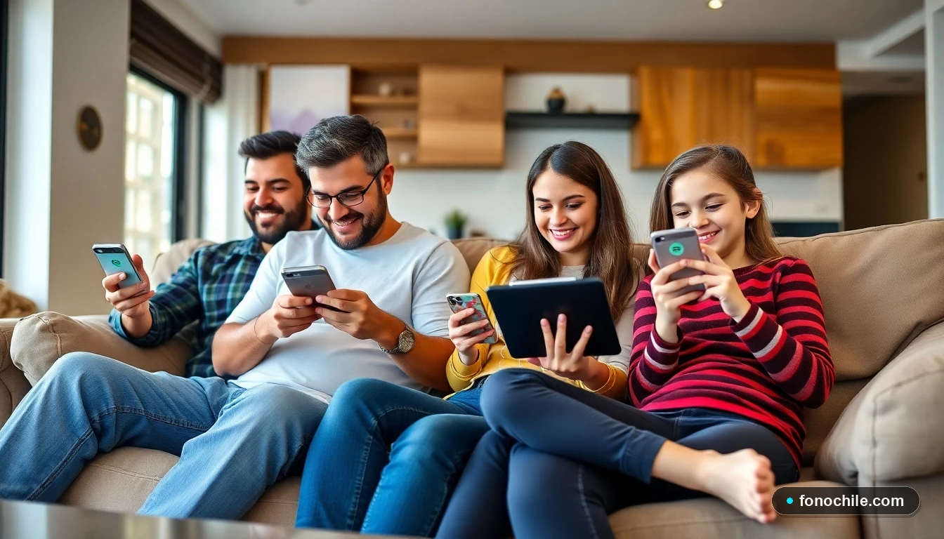 Familia chilena disfrutando del Plan Familiar de Spotify en su hogar, cada uno con su propia cuenta.