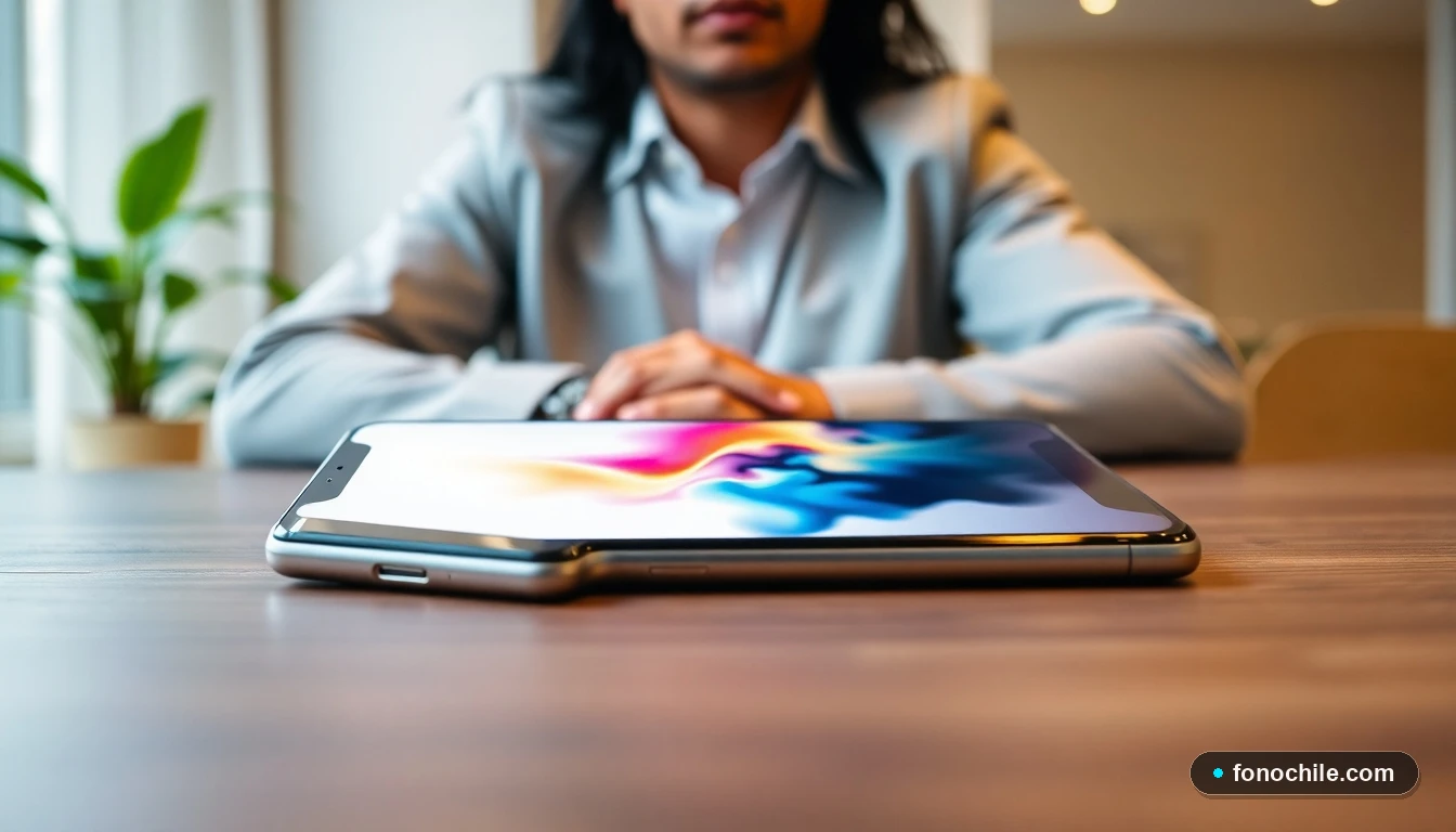 Smartphone mostrando mapa de cobertura 5G en Chile sobre escritorio moderno