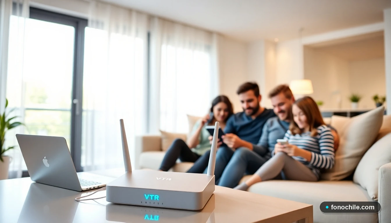 Familia chilena disfrutando de internet VTR de alta velocidad en su hogar con múltiples dispositivos conectados