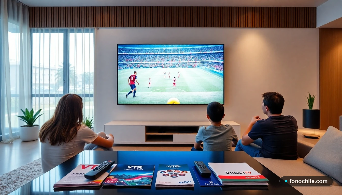 Familia chilena comparando planes de televisión VTR, Movistar y DIRECTV en su living moderno
