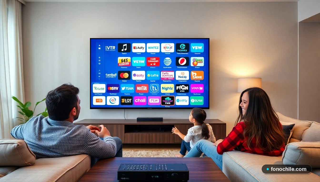 Familia chilena disfrutando de la televisión por cable VTR con canales HD en su sala de estar.
